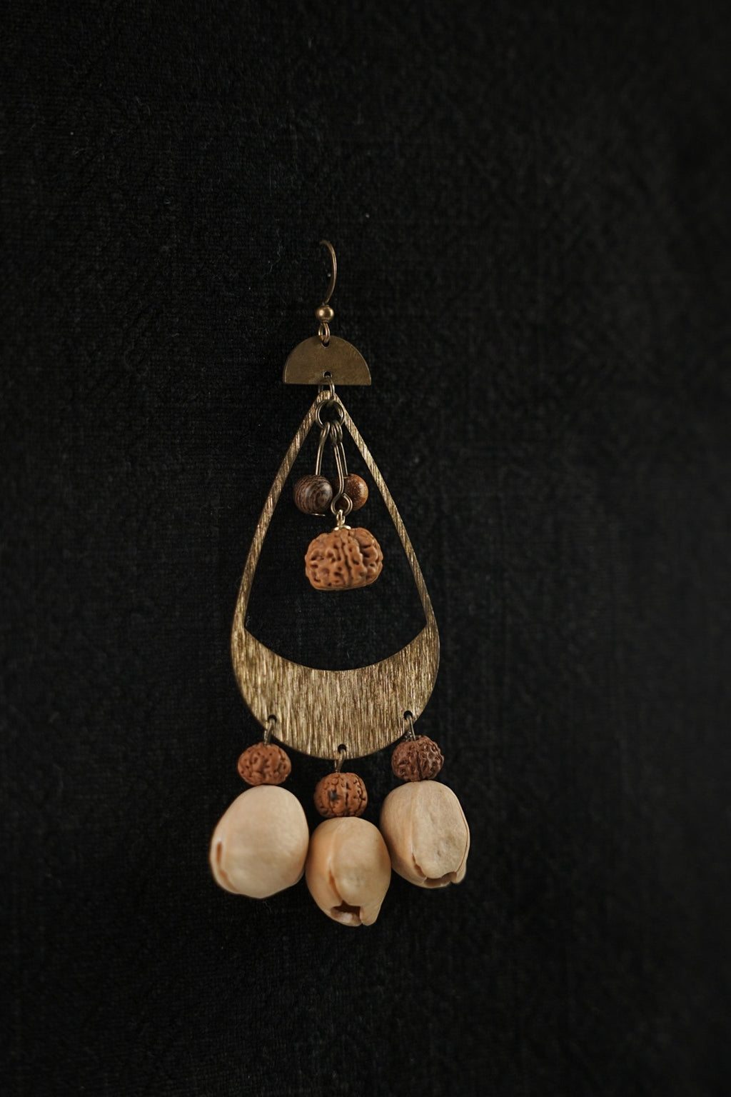 "The Tribal Echo" - Asymmetrical Hammered Bronze & Natural Seed Statement Earrings - Yunicrafts