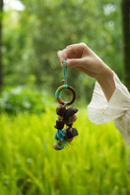 "The Tribal Feather" - Wrapped Wood Ring Bag Charm with Real Feather & Nuts - Yunicrafts