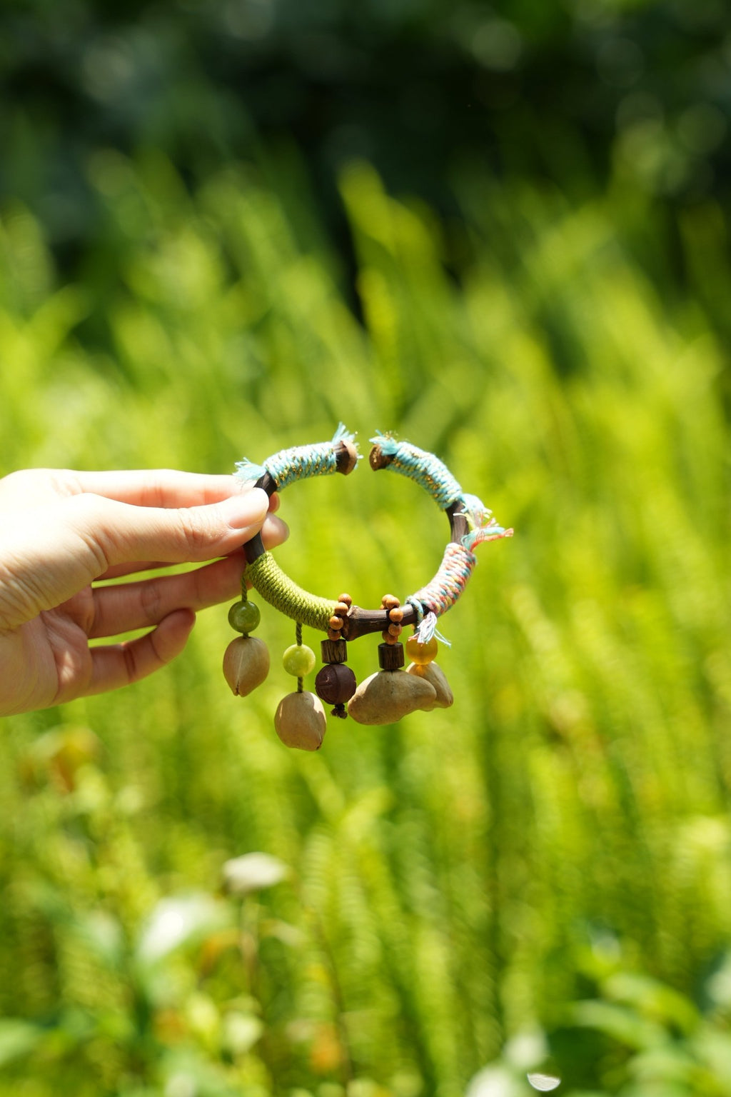 "The Tribal Vine" - Hand - Wrapped Natural Branch Bangle with Seed Charms - Yunicrafts