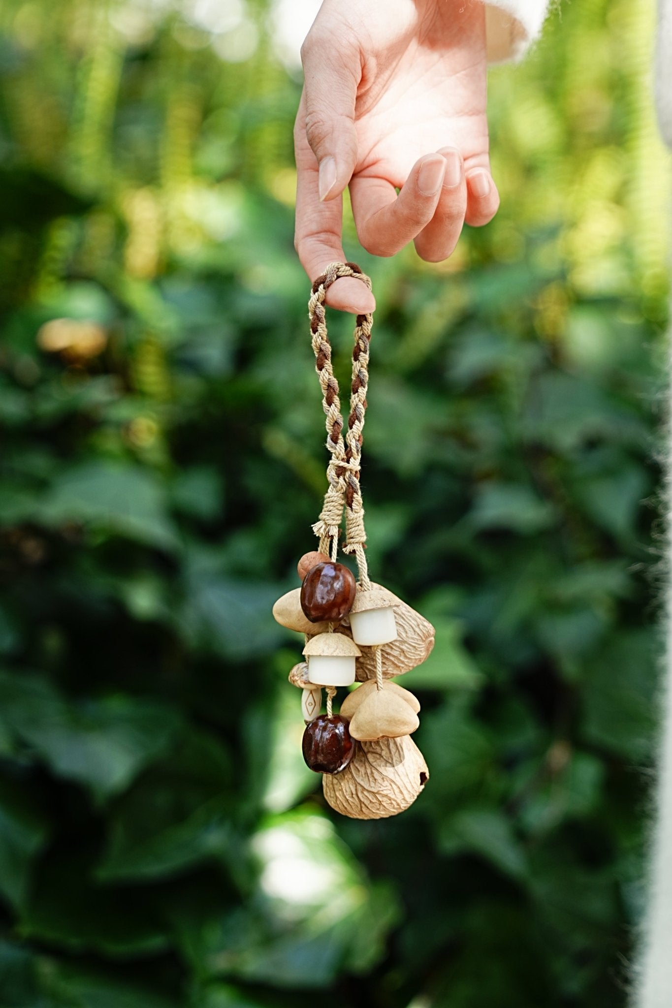 "The White Acorn Harvest" - Hand - Braided Bag Charm with White Bodhi & Natural Seeds - Yunicrafts