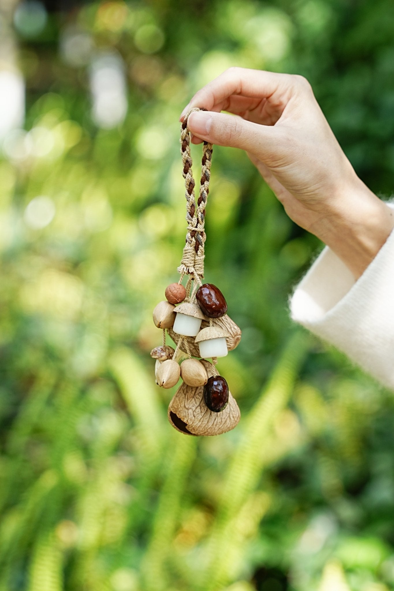 "The White Acorn Harvest" - Hand - Braided Bag Charm with White Bodhi & Natural Seeds - Yunicrafts