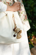 "The White Acorn Harvest" - Hand - Braided Bag Charm with White Bodhi & Natural Seeds - Yunicrafts