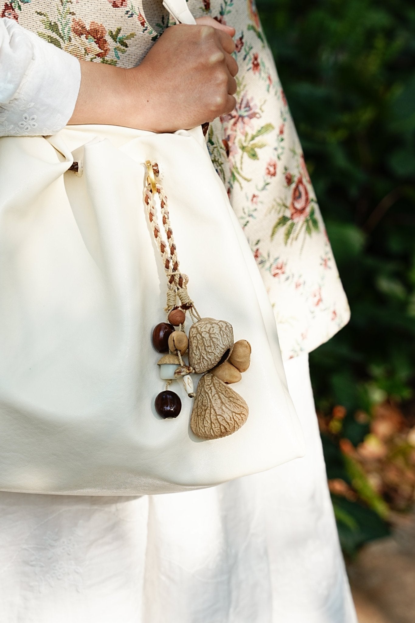 "The White Acorn Harvest" - Hand - Braided Bag Charm with White Bodhi & Natural Seeds - Yunicrafts