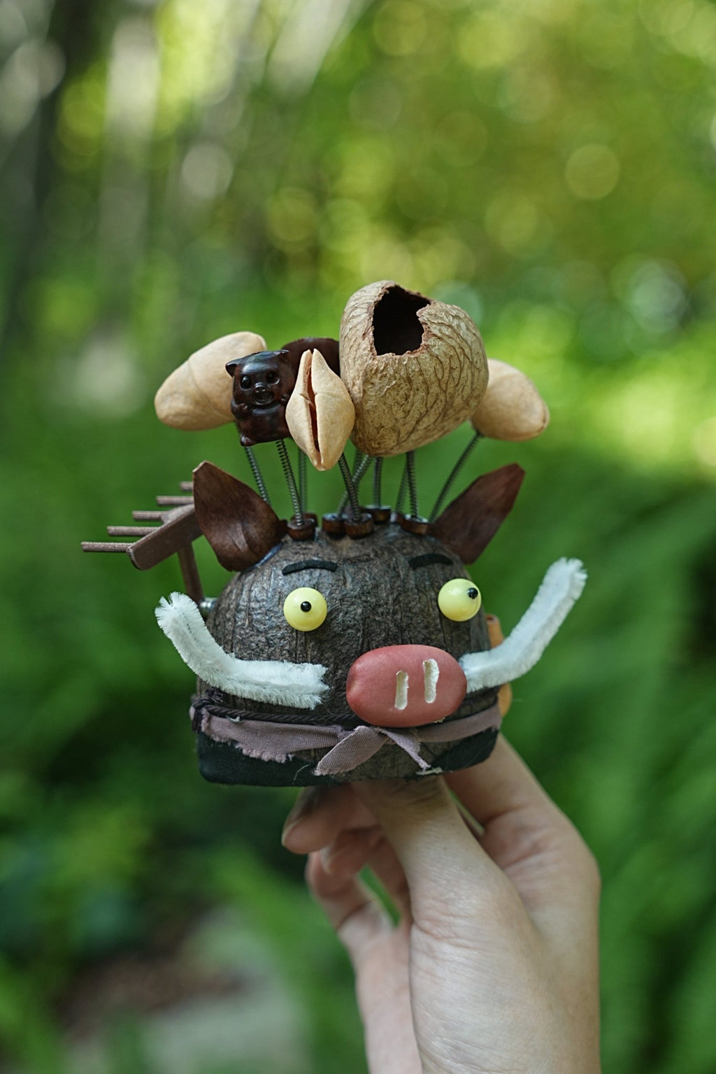 "The Wild Guardian" - Nut Shell Boar Doll with Rake & White Tusks - Yunicrafts