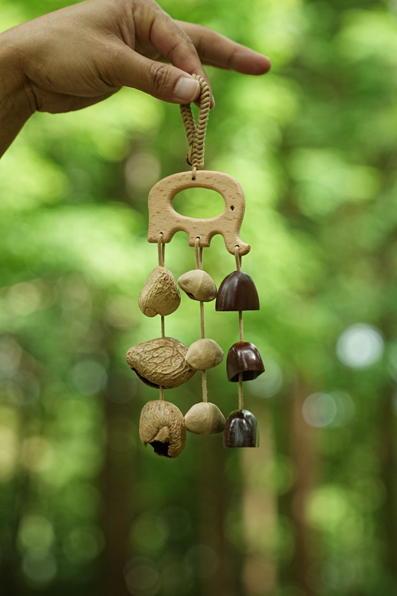 "The Wooden Elephant Chime" - Carved Wood Bag Charm & Mini Mobile - Yunicrafts
