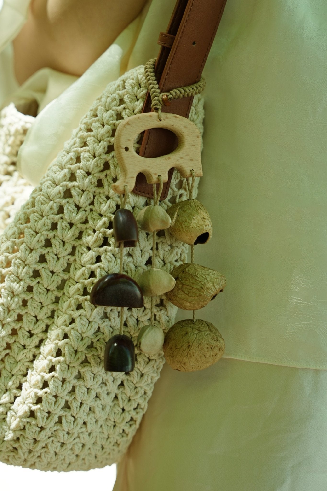 "The Wooden Elephant Chime" - Carved Wood Bag Charm & Mini Mobile - Yunicrafts