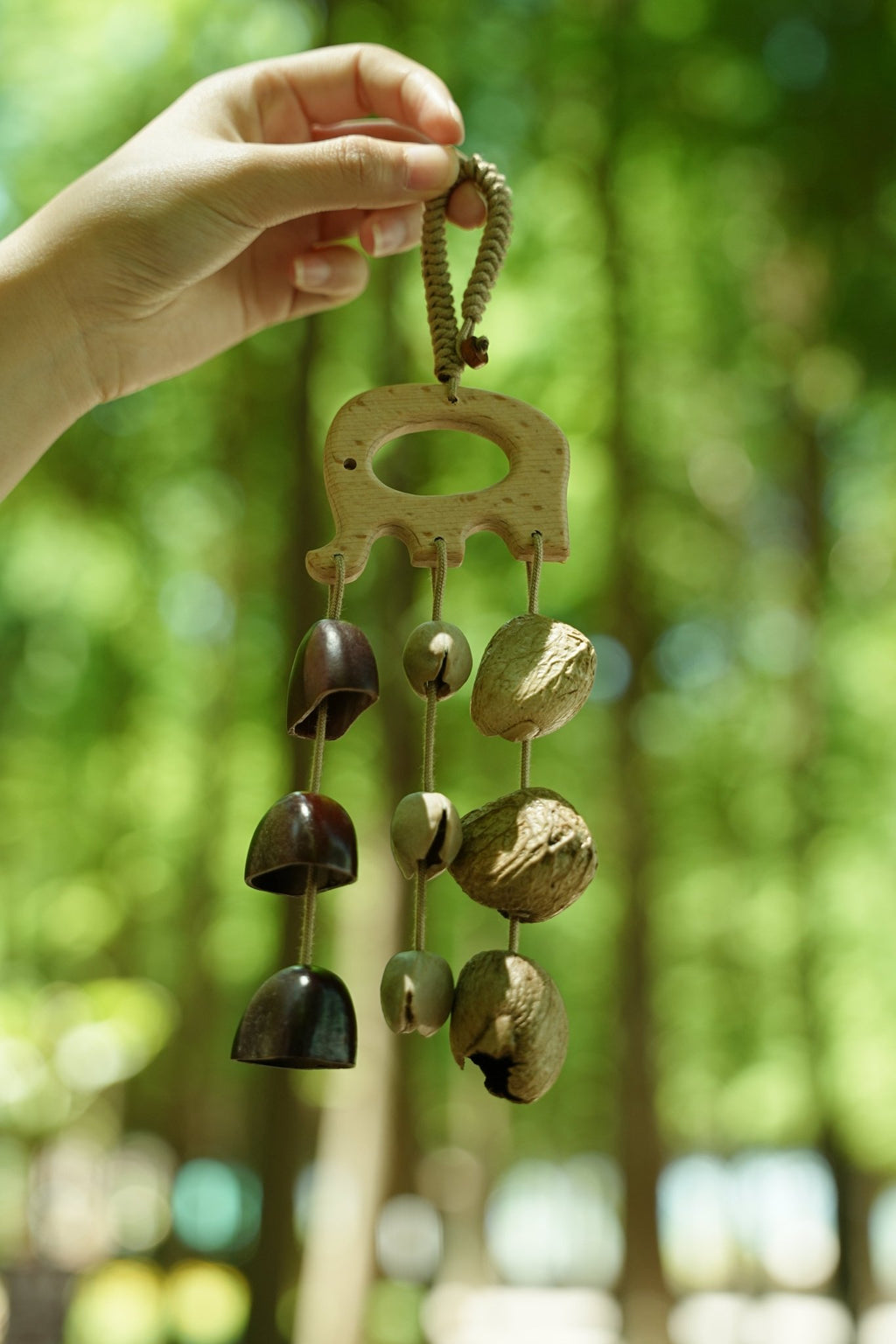 "The Wooden Elephant Chime" - Carved Wood Bag Charm & Mini Mobile - Yunicrafts