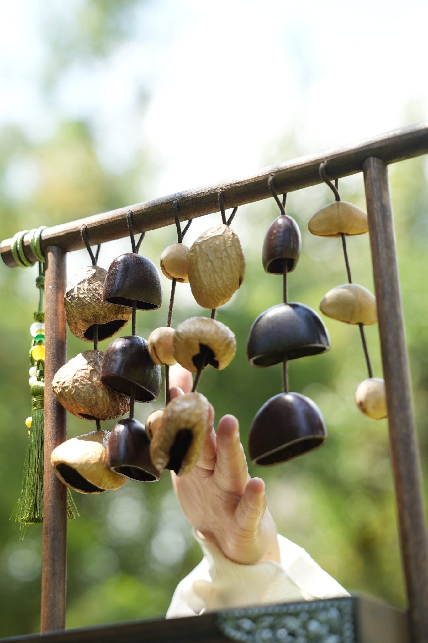 "The Zen Sanctuary" - Vintage Wood Tissue Box with Seed Wind Chime & Silver Relief - Yunicrafts