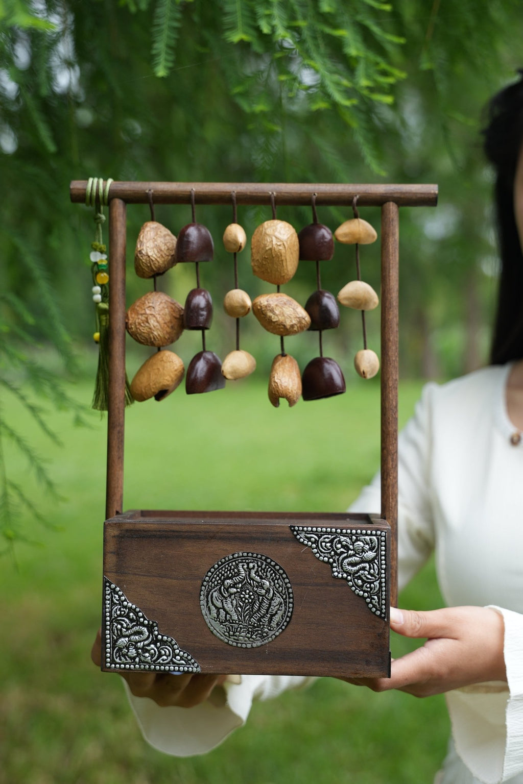 "The Zen Sanctuary" - Vintage Wood Tissue Box with Seed Wind Chime & Silver Relief - Yunicrafts