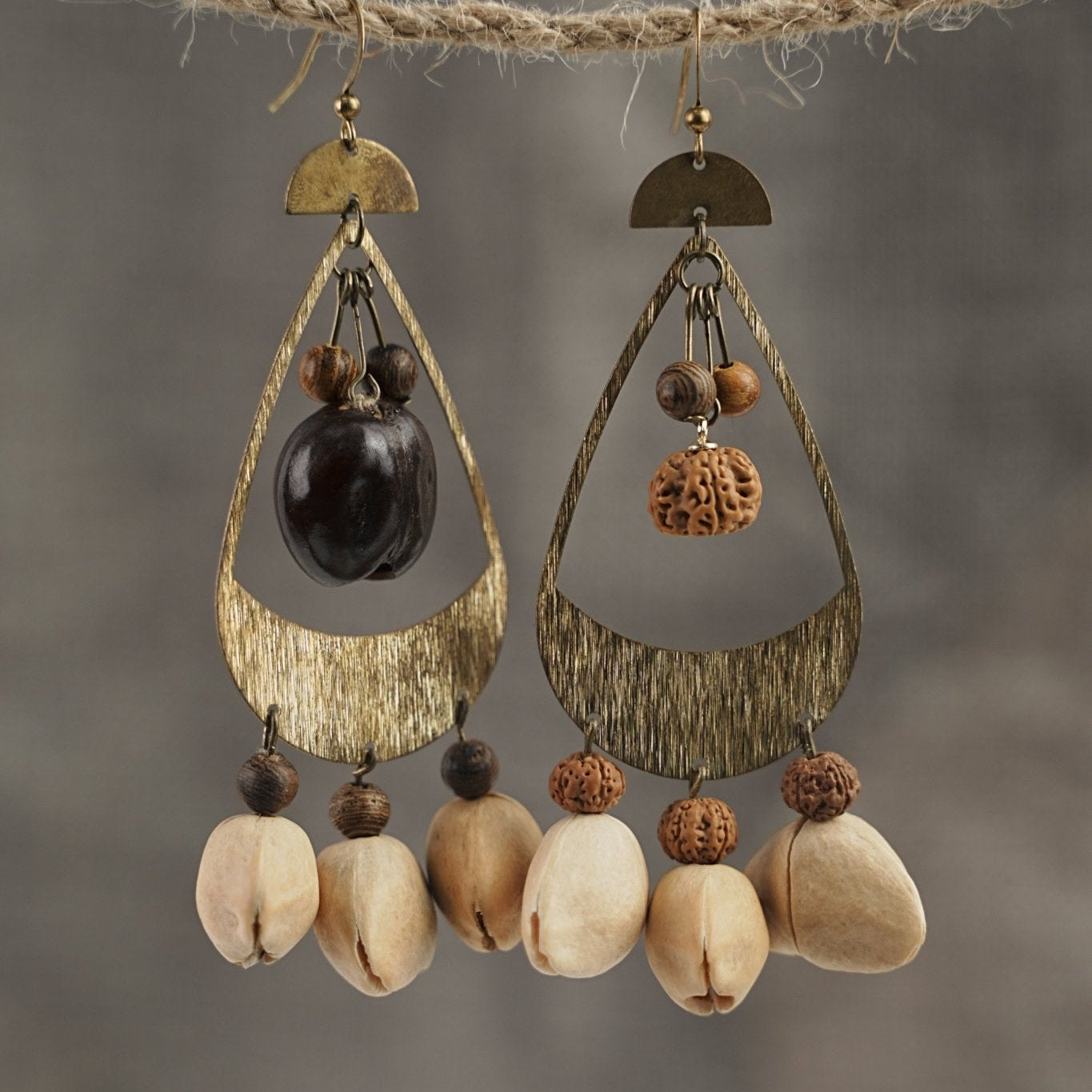 "The Tribal Echo" - Asymmetrical Hammered Bronze & Natural Seed Statement Earrings - Yunicrafts