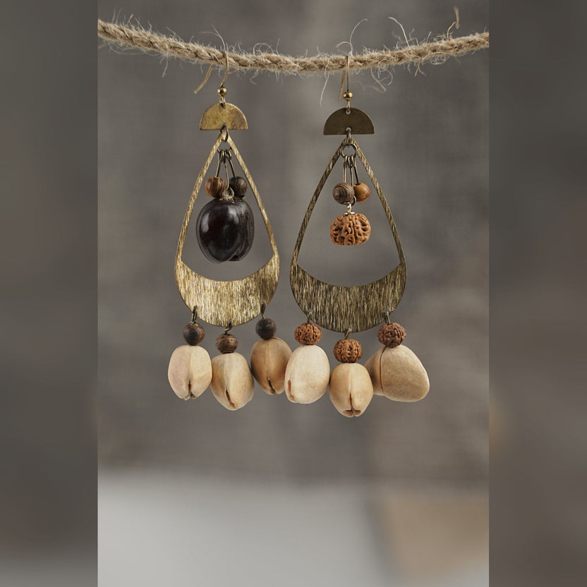 "The Tribal Echo" - Asymmetrical Hammered Bronze & Natural Seed Statement Earrings - Yunicrafts