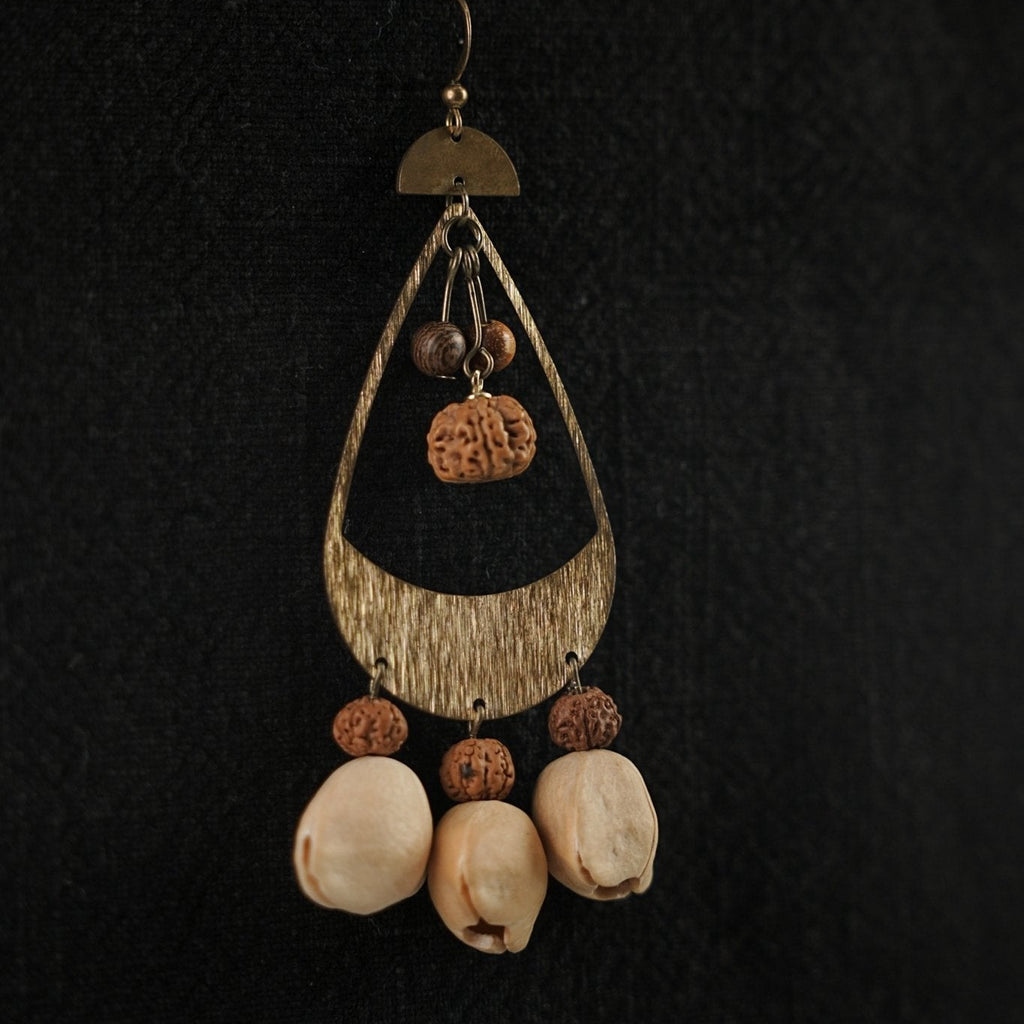 "The Tribal Echo" - Asymmetrical Hammered Bronze & Natural Seed Statement Earrings - Yunicrafts