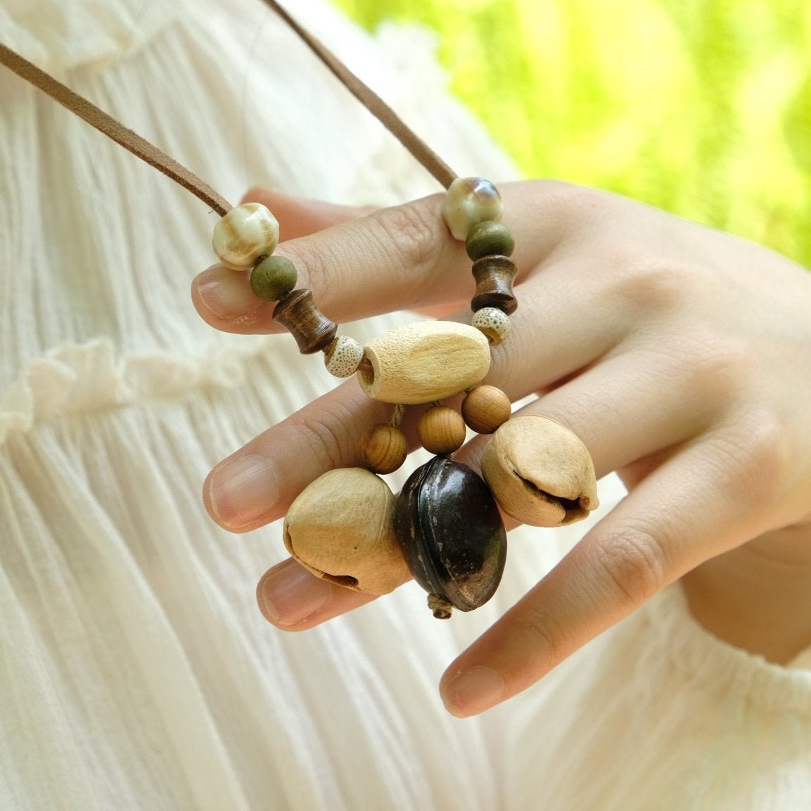 "Woodland Echo" Seed＆Wood Bead Necklace - Yunicrafts
