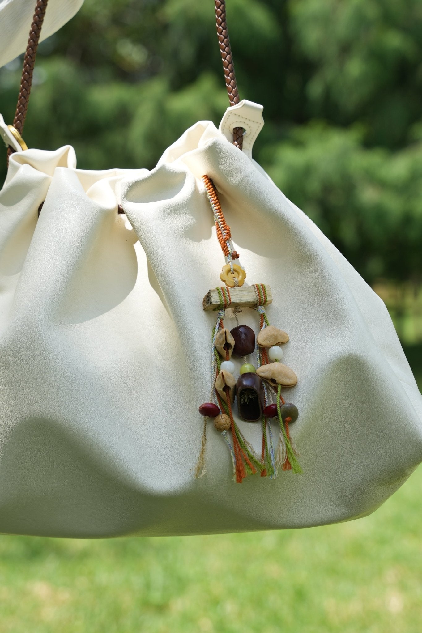 "The Autumn Mobile" - Wood Branch Charm with Flower Button & Fringe Tassels - Yunicrafts
