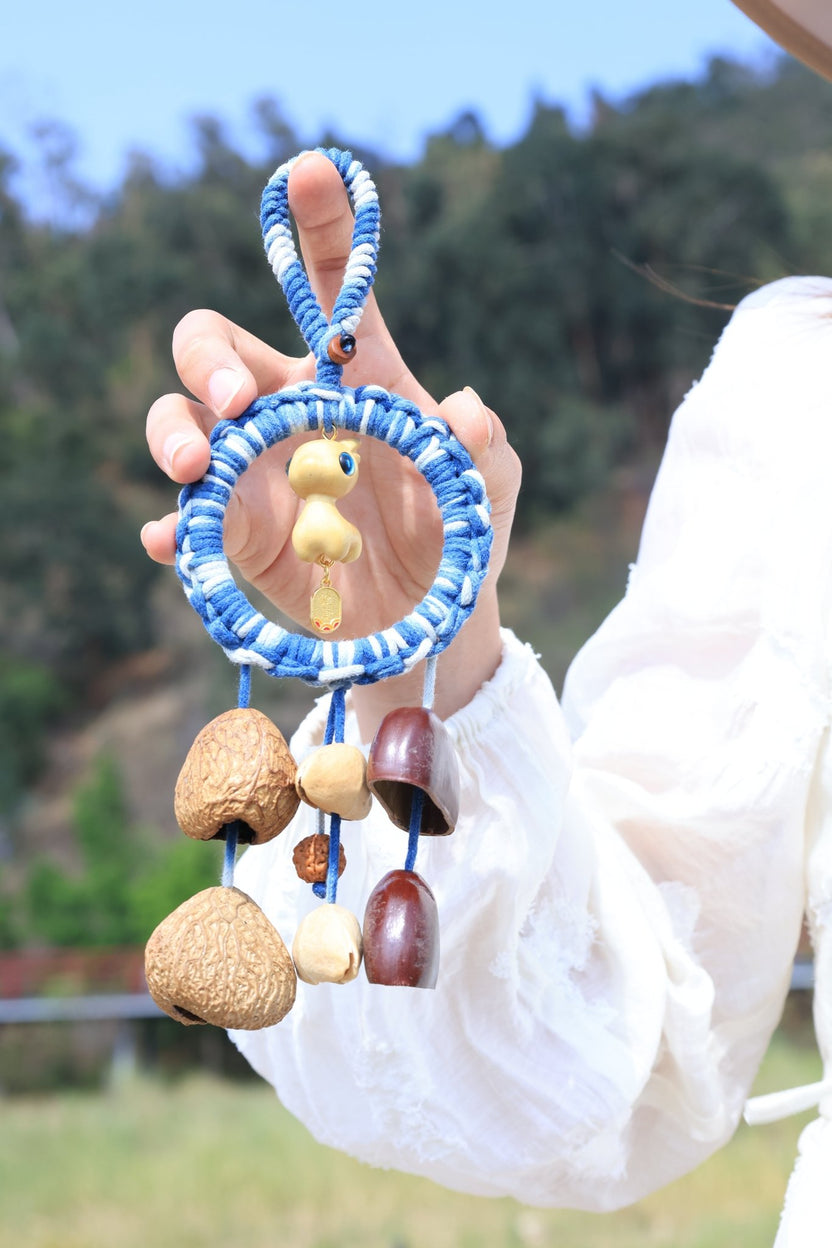 "The Azure Fawn" - Blue Woven Dreamcatcher Charm with Wooden Deer & Seed Bells - Yunicrafts