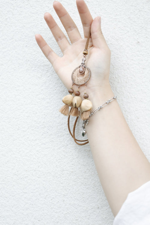 "The Bronze Dreamer" - Spiral Woven Mandala Pendant with Natural Seeds & Latte Tassels - Yunicrafts