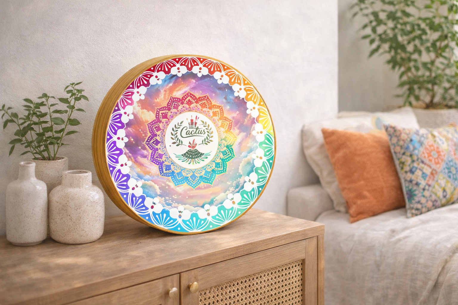 Close-up of "Colorful Clouds" bamboo stream drum natural wood and painted center - Yunicrafts