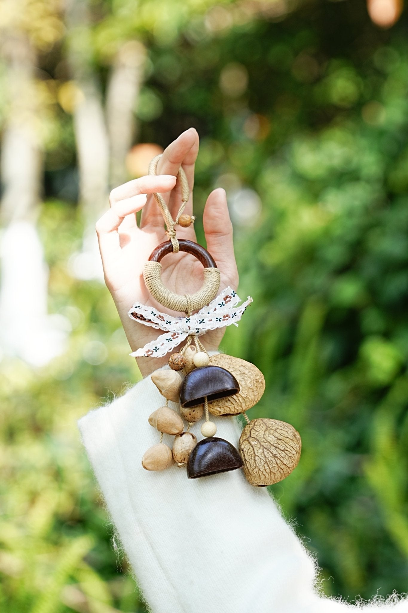 "The Garden Whisper" - Floral Ribbon & Wood Ring Natural Seed Charm - Yunicrafts