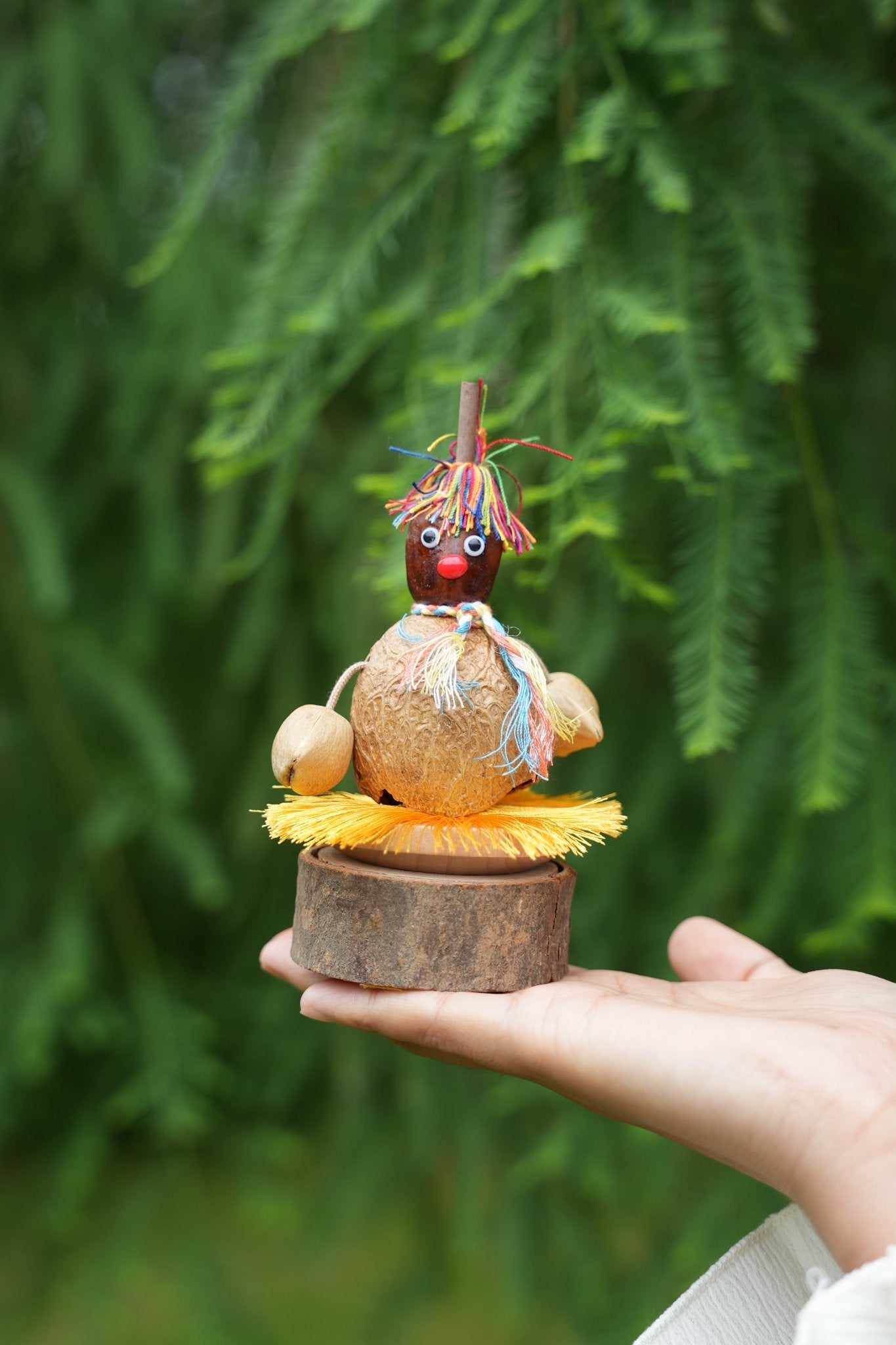 "The Hula Dancer" - Handcrafted Coconut Shell Spinning Top Toy with Log Base - Yunicrafts