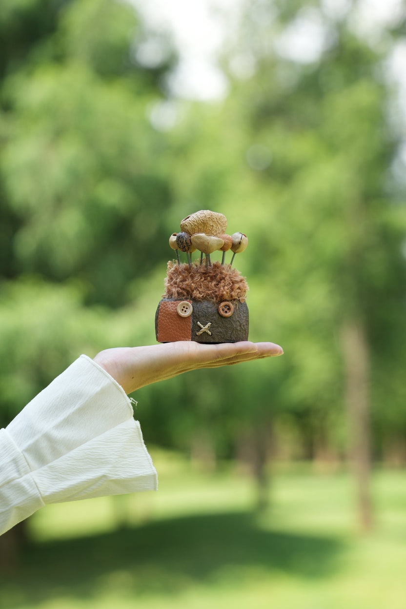 "The Patchwork Scarecrow" - Button - Eyed Nut Shell Doll with Leather Patch - Yunicrafts