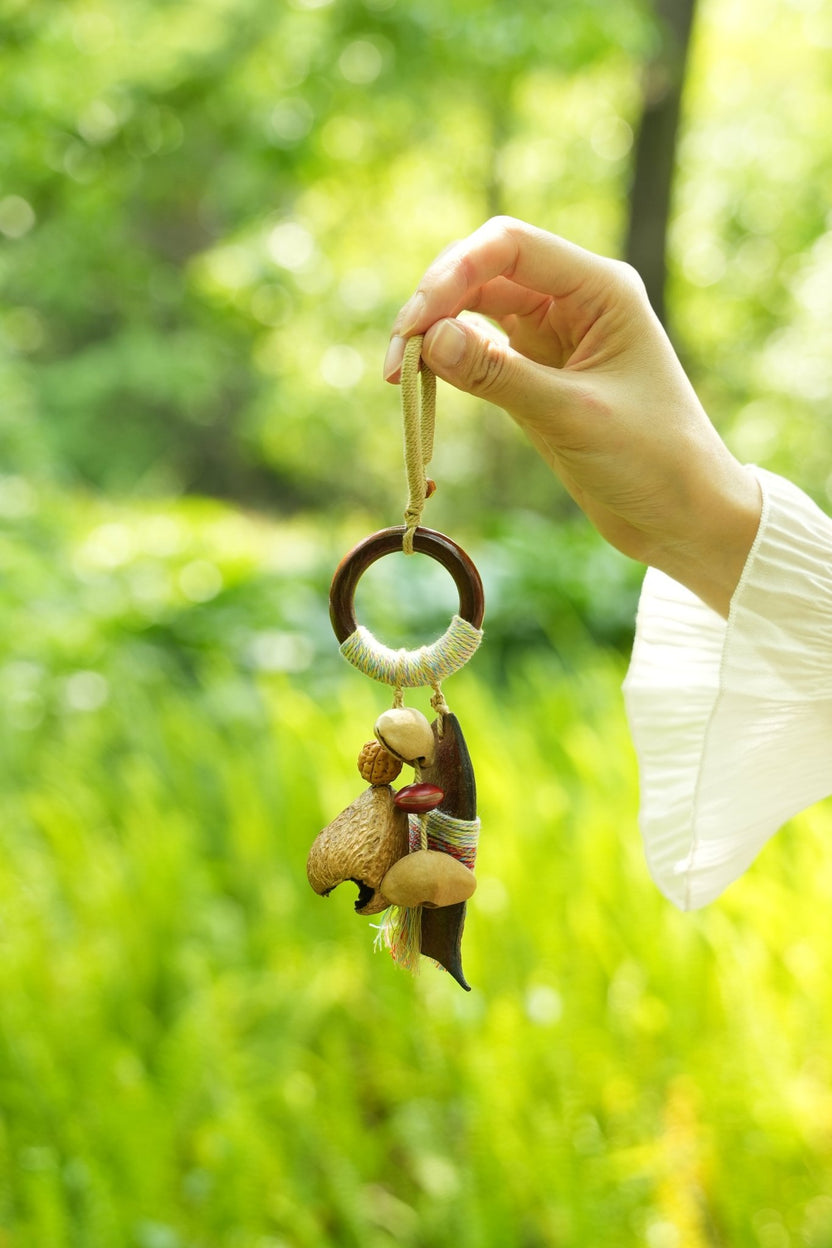 "The Yarn - Wrapped Voyager" - Long Seed Pod Charm with Pastel Thread Art & Wood Ring - Yunicrafts