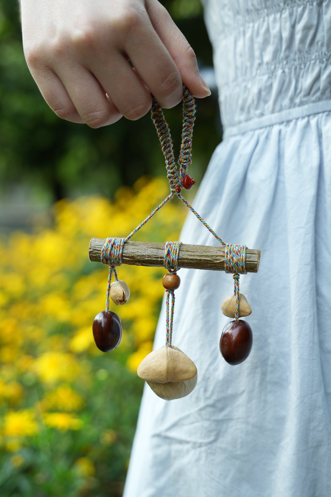 "The Rainbow Branch" - Natural Wood Mobile Charm with Colorful Thread & Seed Bells - Yunicrafts