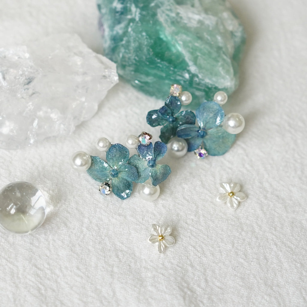 Real Blue Hydrangea Earrings with Pearl & Crystal Drop - "Raindrop Waltz" Botanical Jewelry - Yunicrafts