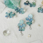 Real Blue Hydrangea Earrings with Pearl & Crystal Drop - "Raindrop Waltz" Botanical Jewelry - Yunicrafts