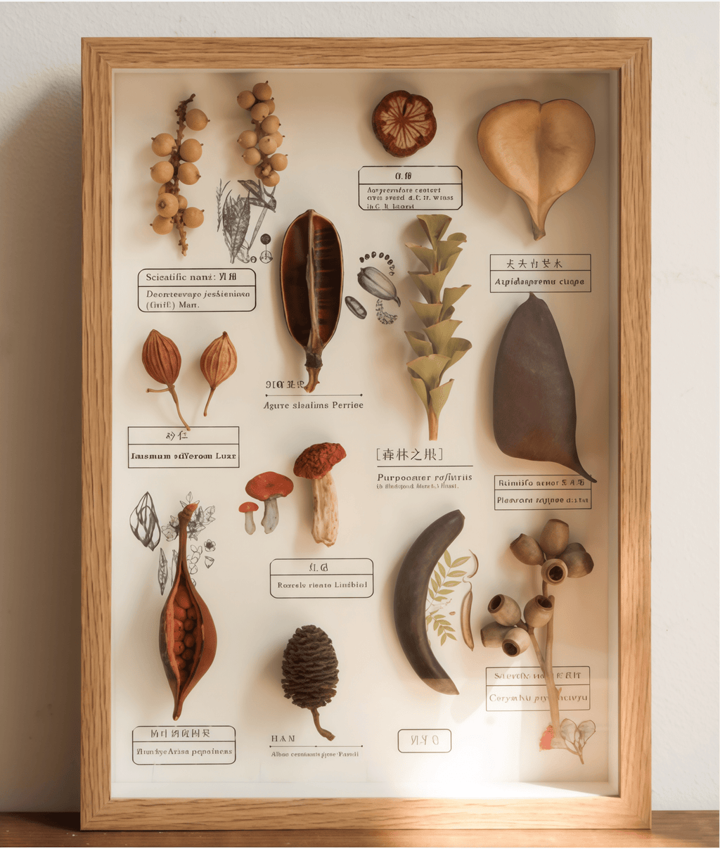 „The Rainforest Seed Vault“ – Schattenbox-Kunst mit echten tropischen Exemplaren (Quadrat / A4 / A3) – Yunicrafts