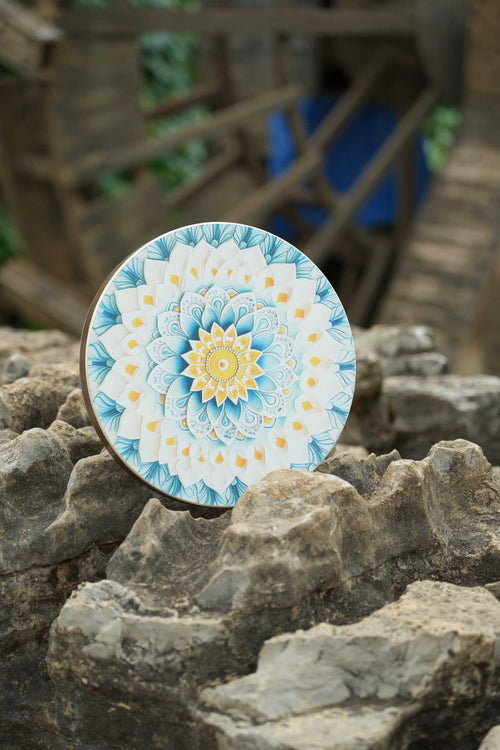 „Sea Spray Flower“ 30 cm große Bachtrommel aus Bambus mit handgemaltem Blumenmuster für die Klangtherapie – Yunicrafts