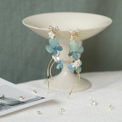 Real Blue Hydrangea Earrings with Pearl & Crystal Drop - "Raindrop Waltz" Botanical Jewelry - Yunicrafts