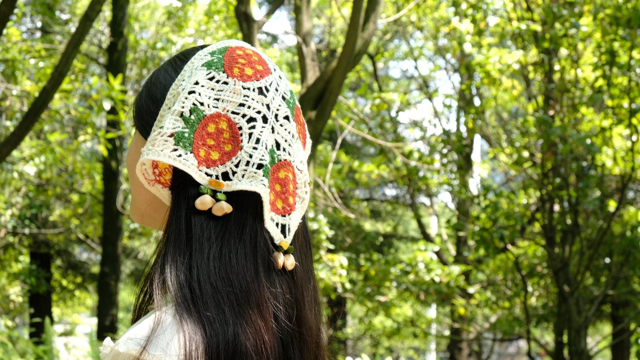 "The Strawberry Garden" - Hand - Crocheted Cottagecore Bandana with Strawberry Motif & Seed Charms - Yunicrafts