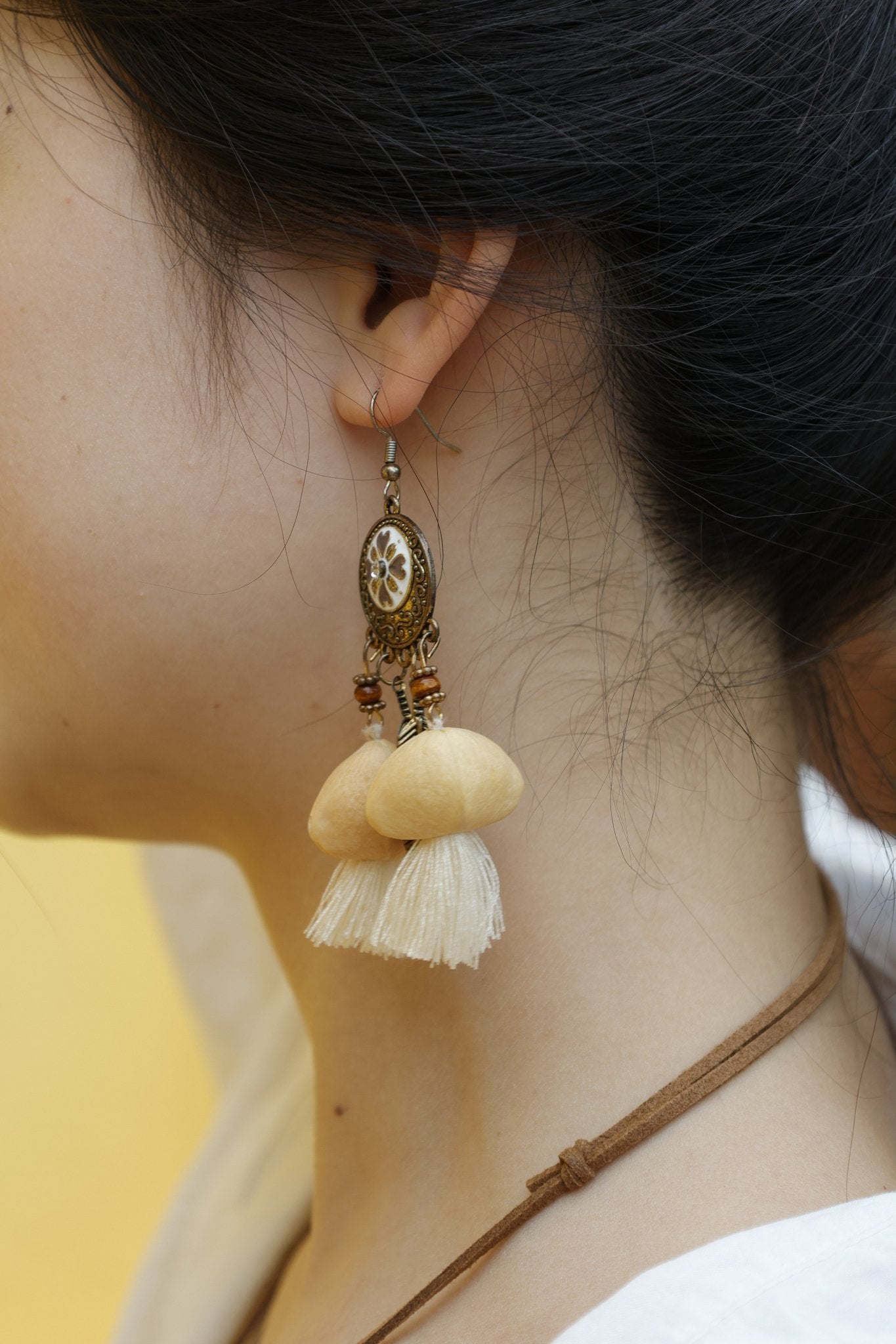"The Vintage Blossom" - Antique Style Floral Earrings with Natural Seeds & Tassels - Yunicrafts