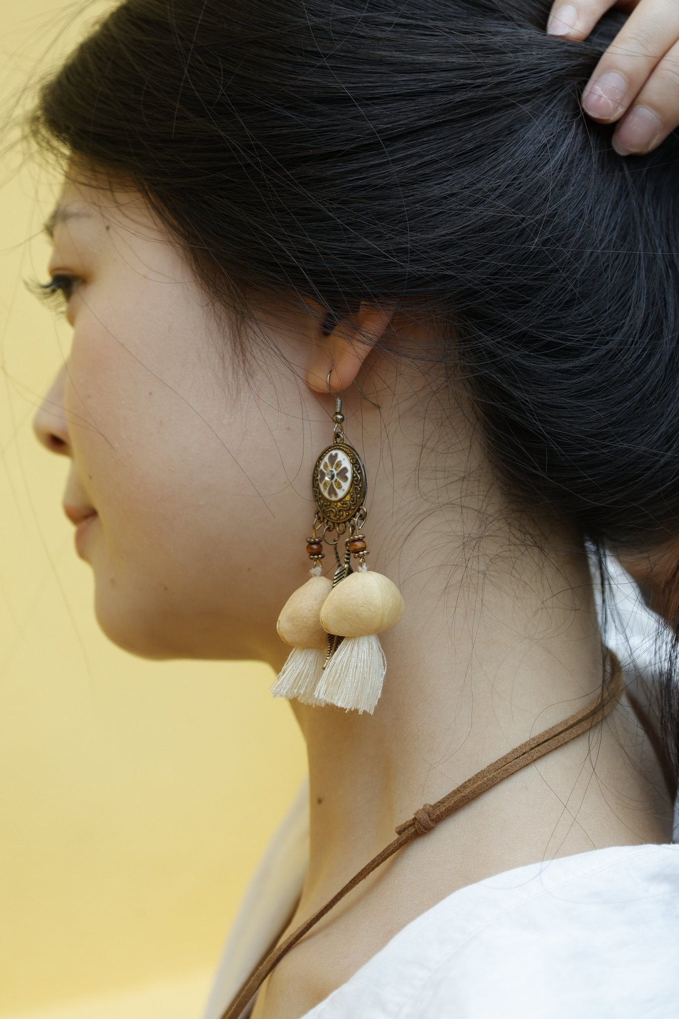 "The Vintage Blossom" - Antique Style Floral Earrings with Natural Seeds & Tassels - Yunicrafts