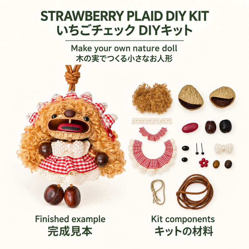 Strawberry Plaid Black Fruit Doll DIY Kit DIY kit: finished example beside unassembled kit components / 完成見本とキットの材料