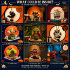 Halloween Mystery Box possible designs 01–09 in a 3 by 3 grid; one random item, not a set. Secret design not shown.