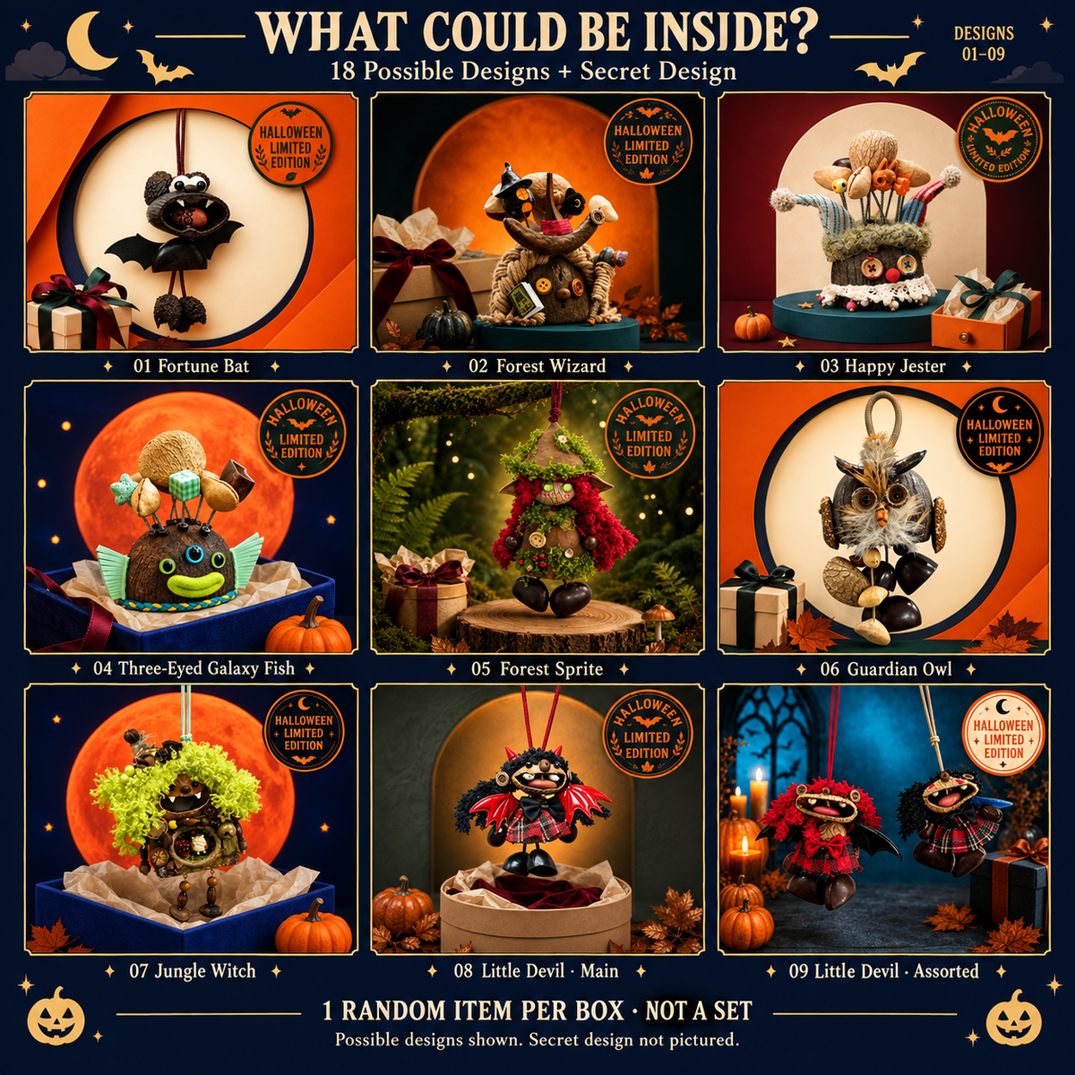 Halloween Mystery Box possible designs 01–09 in a 3 by 3 grid; one random item, not a set. Secret design not shown.