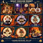 Halloween Mystery Box possible designs 10–18 in a 3 by 3 grid; one random item, not a set. Secret design not shown.