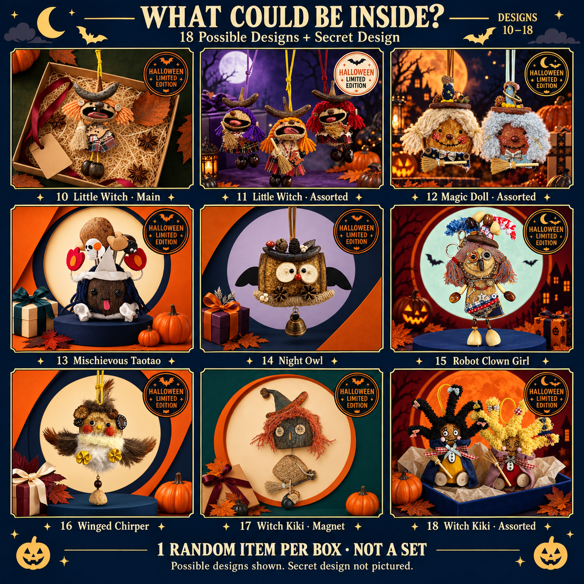 Halloween Mystery Box possible designs 10–18 in a 3 by 3 grid; one random item, not a set. Secret design not shown.