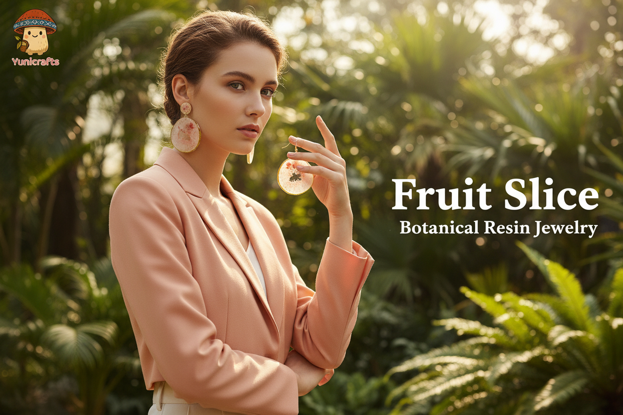 Model wearing the Fruit Slice botanical resin jewelry set